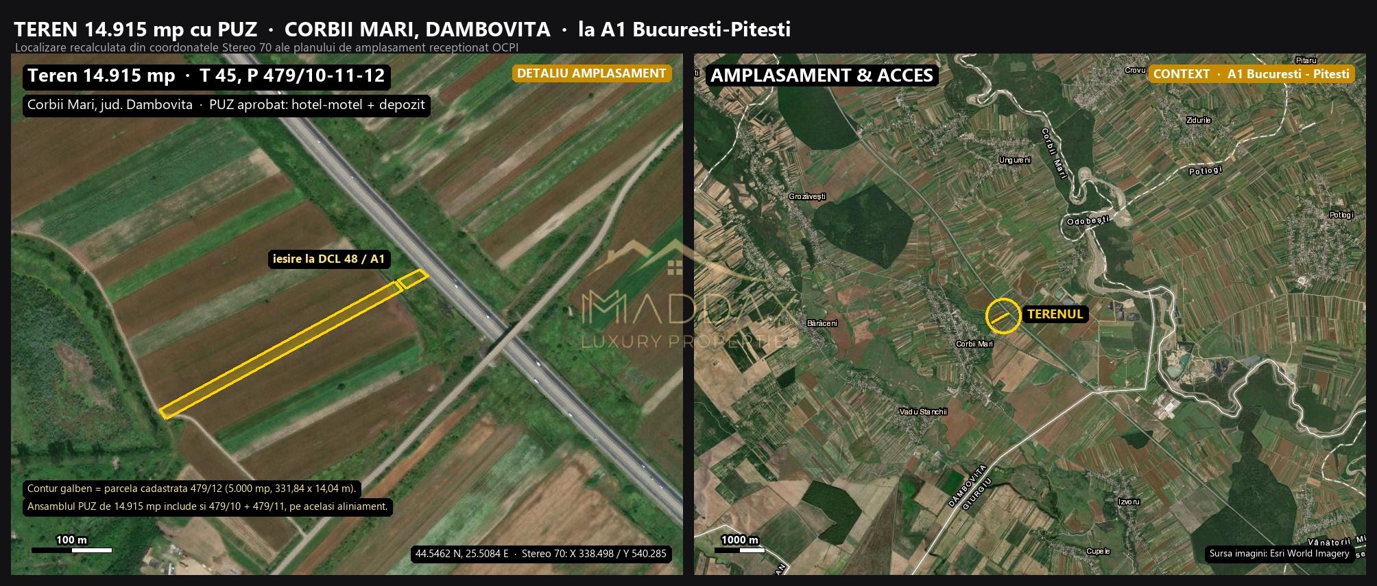 Teren 14.915 mp // PUZ aprobat hotel-motel + depozit // A1 București–Pitești