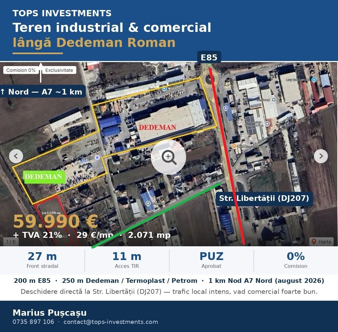 Teren industrial & comercial lângă Dedeman Roman! 📢