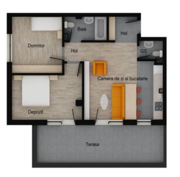 Apartament 3 camere, 2 bai, 58 mp utili, terasa 19 mp, garaj, boxa