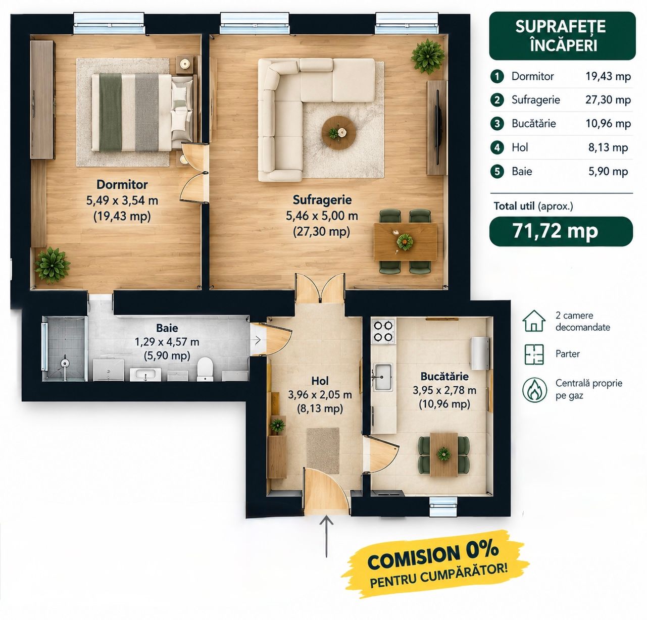 Apartament cu 2 camere la parter in Piata Catedralei Comision 0 — fotografia 7