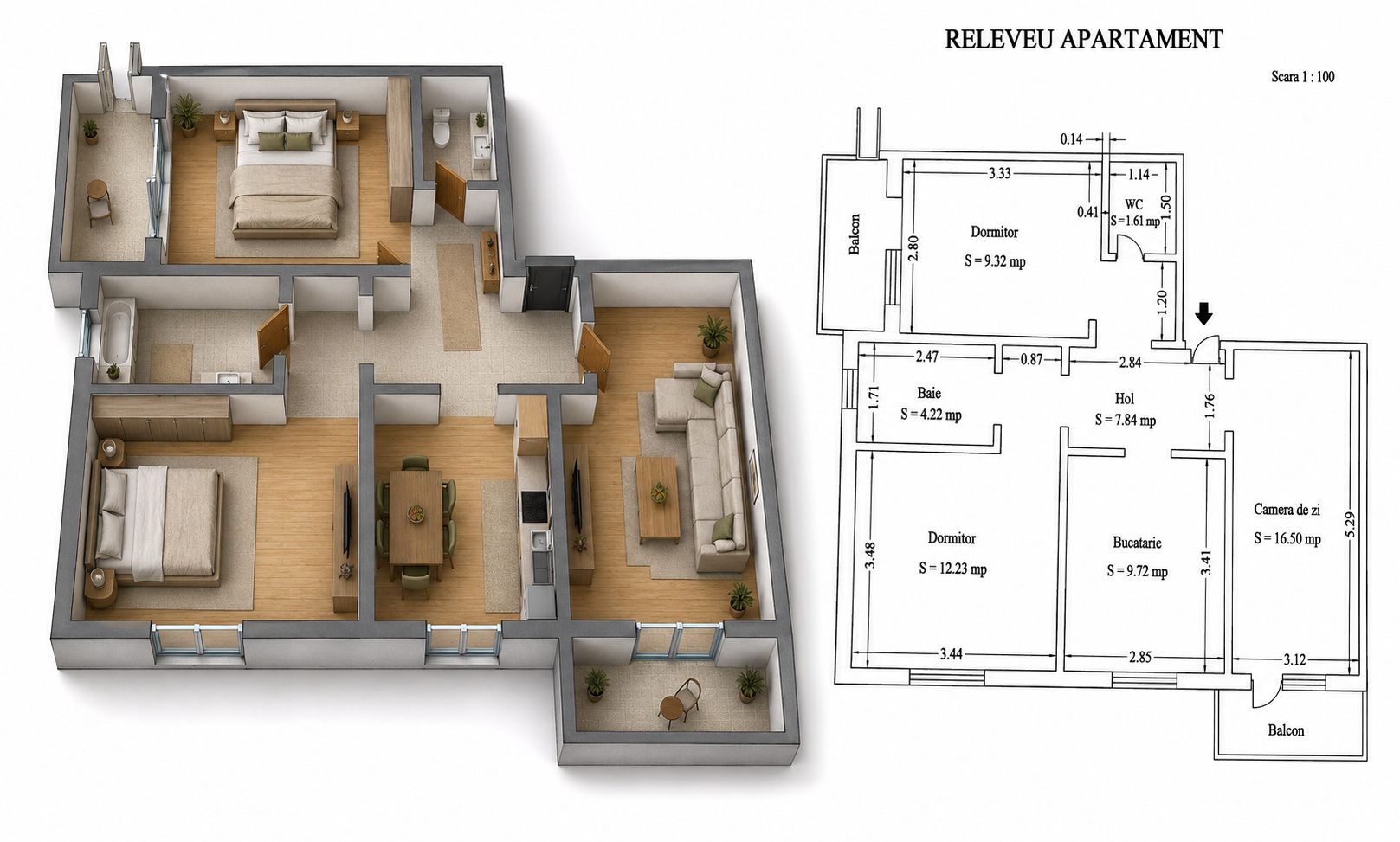 Apartament TÂRGU CUCU | 3 camere, semidecomandat, 68 mp total, mobilat