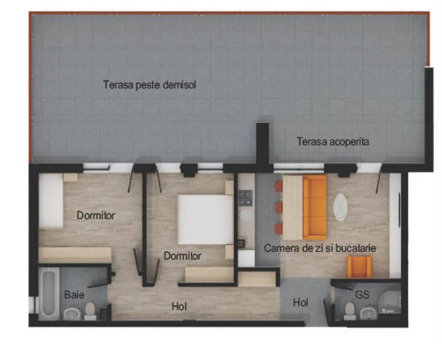 Apartament 3 camere, 2 bai, 64 mp utili, terasa 74 mp, garaj, boxa