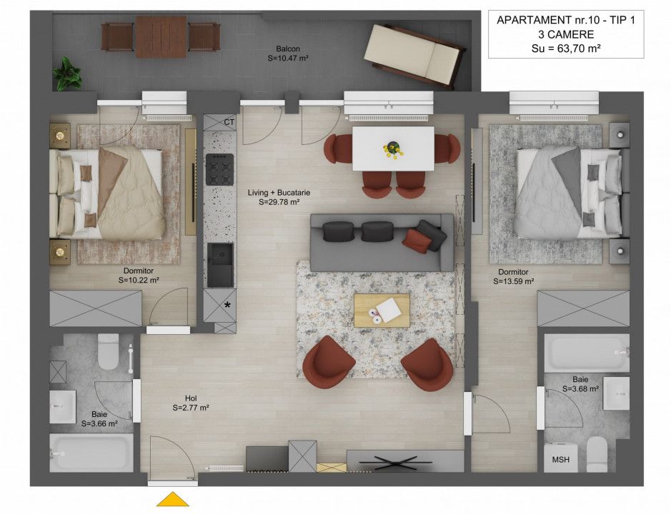 Apartament de vanzare 3 camere Sibiu Doamna Stanca 64mpu semifinisat — fotografia 3