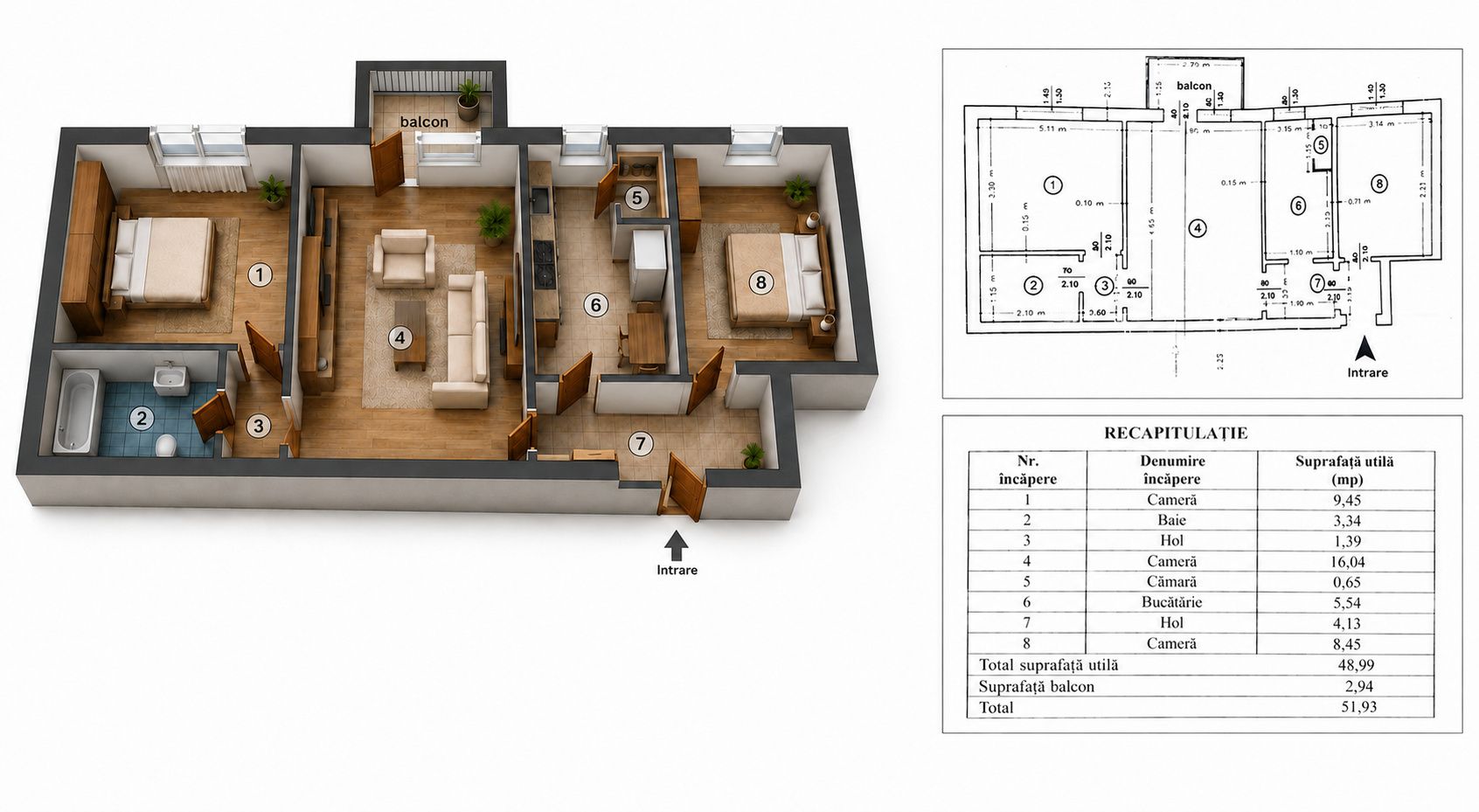Apartament TĂTĂRAȘI SUD | 3 camere, semidecomandat, 52 mp total