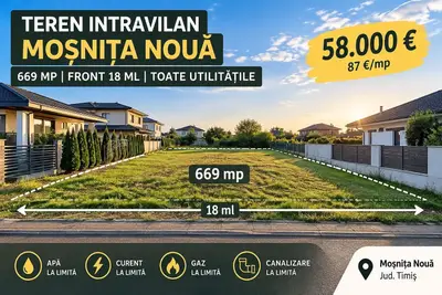 Teren intravilan 669 mp | Front 18 m | Moșnița Nouă | 58.000 €