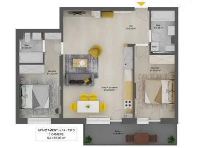 Apartament 3 camere 2 bai 68mpu balcon 9mp si parcare Doamna Stanca