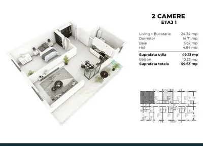 2 camere spatios predare la cheie 58 mp