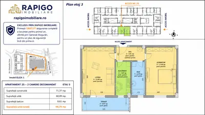 Apartamentul nr. 25 | 2 camere decomandat | Etaj 3 | Terasă 8,61 mp |