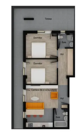 Apartament 3 camere, 2 bai, 62 mp utili, terasa 35 mp, garaj, boxa