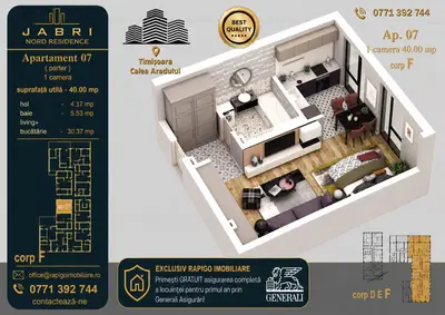 Apartament 07, Corp F – Studio | 40,29 mp | Jabri Nord Residence