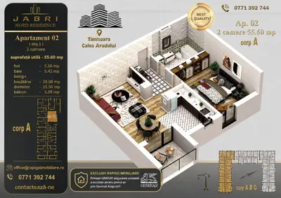 Apartament 02A, Corp A – 2 camere | 55,60 mp | Jabri Nord Residence