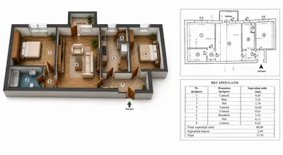 Apartament TĂTĂRAȘI SUD | 3 camere, semidecomandat, 52 mp total
