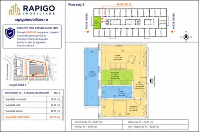 Apartamentul nr. 33 | 2 camere decomandat | Etaj 3 | Terasă 12,14 mp |